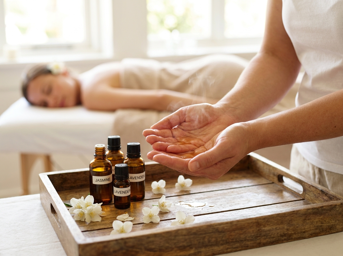 Aromatherapy oils and jasmine on a wooden tray