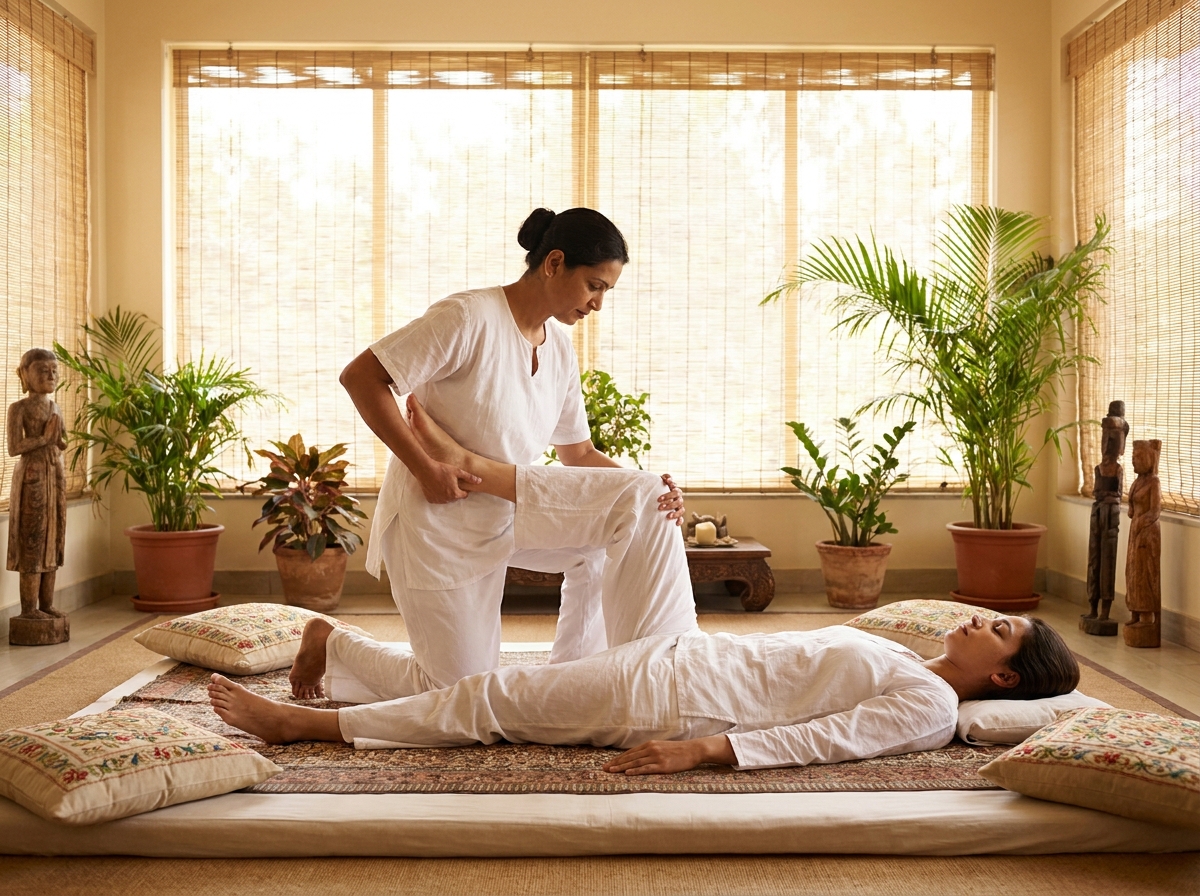 Thai massage assisted stretching on a floor mat