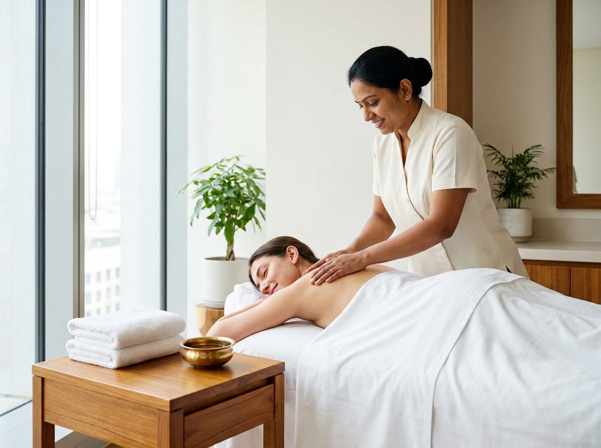 Certified therapist giving a massage at Sage Day Spa, Velachery